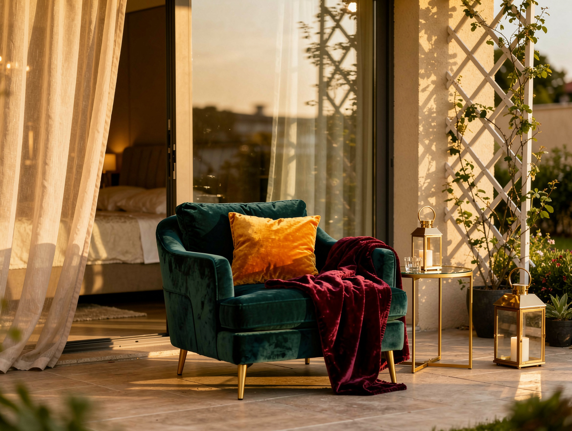 Realistic medium-shot home-decor photo showing a private patio outside a bedroom