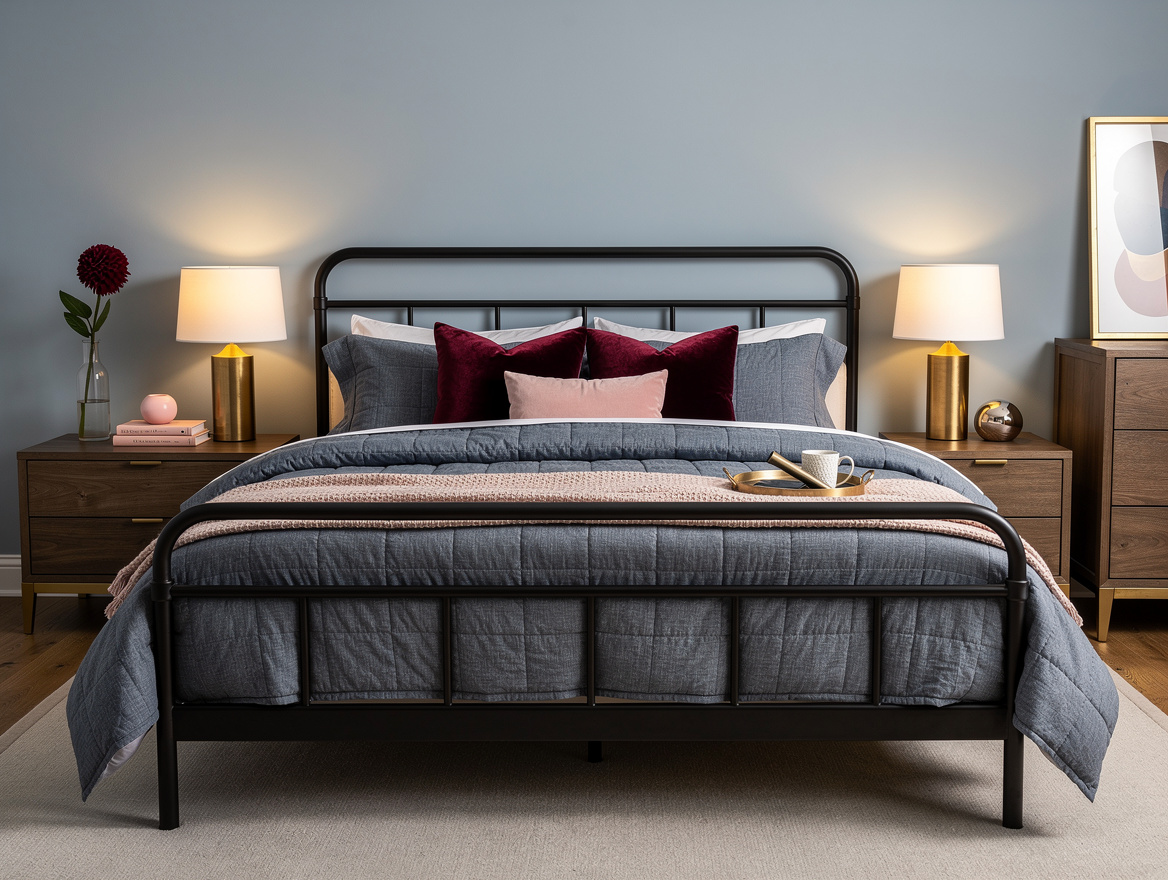 Realistic medium-shot home-decor photo of a queen bedroom using one blue-gray co