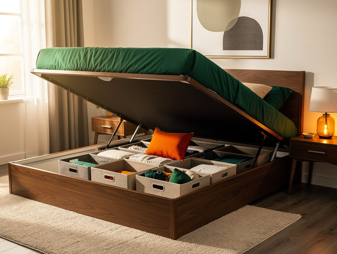 Realistic medium-shot home-decor photo of a queen lift-up storage bed in a compa