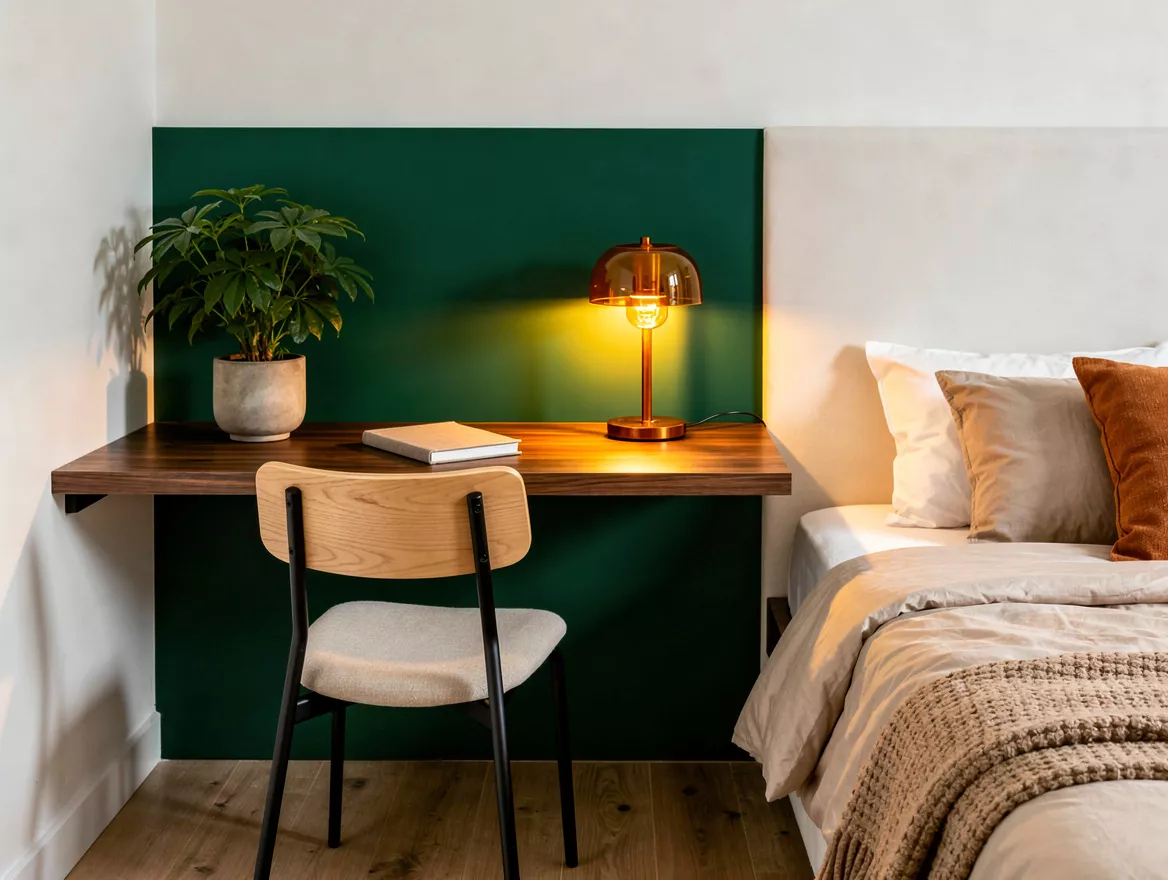Realistic medium shot of a compact bedroom corner desk mounted to the wall besid