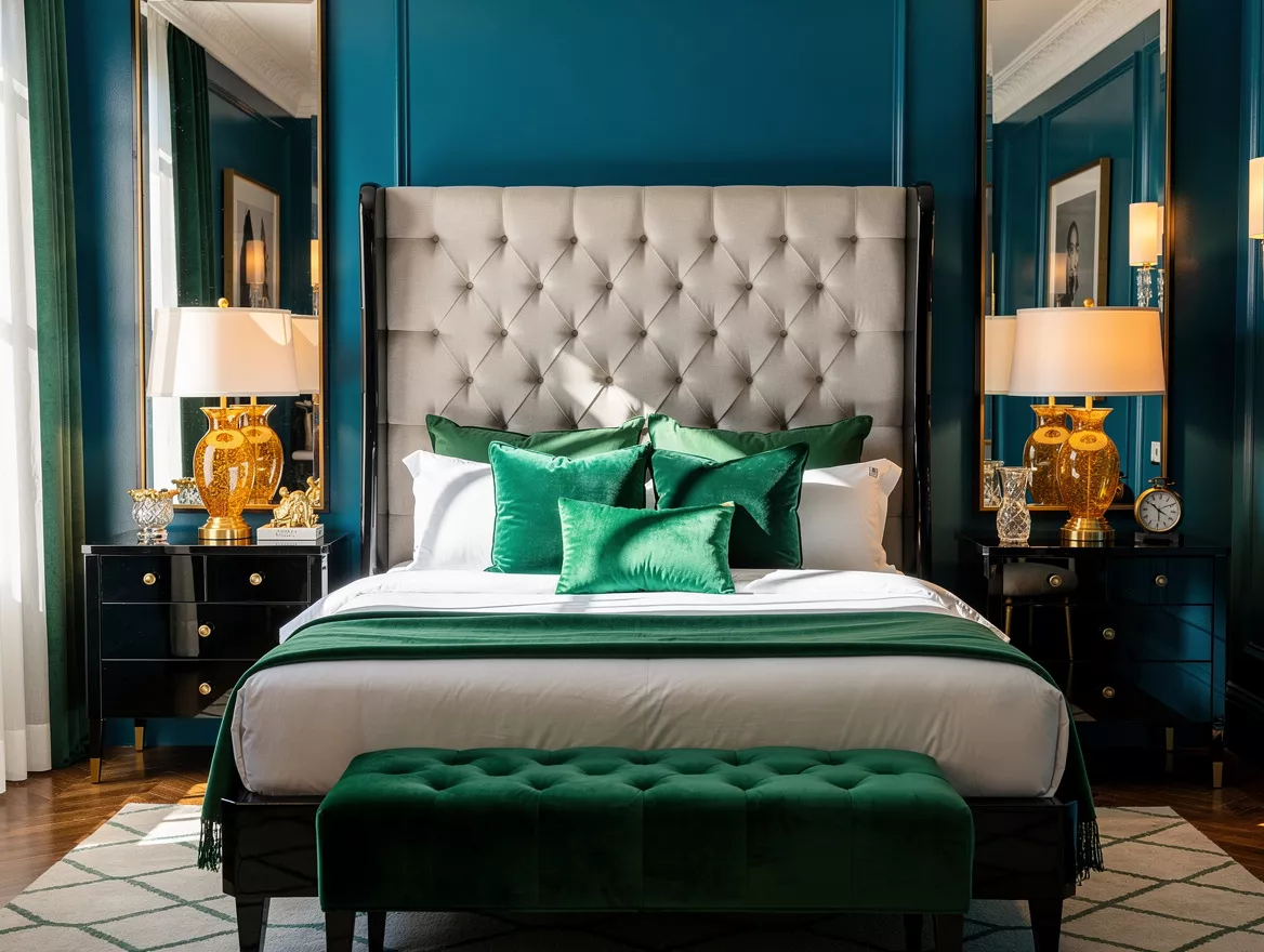 Realistic medium-shot interior photo of a Hollywood Regency bedroom showing a ta
