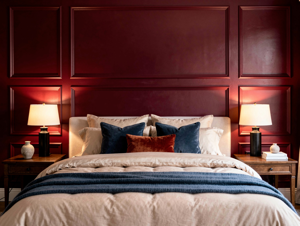 Realistic medium-shot home-decor photo of a bedroom with a burgundy framed bed w