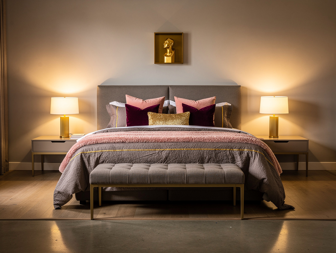 Medium-wide realistic bedroom photo showing a queen bed with one compact bench o