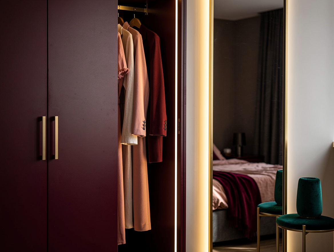 Realistic medium-shot home-decor photo showing a wardrobe and full-length mirror