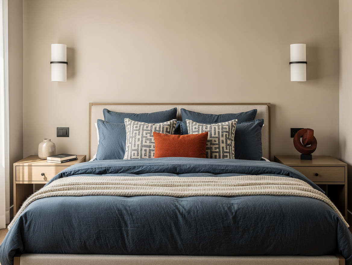 Realistic medium-shot home-decor photo showing a queen bed with matching wall sc