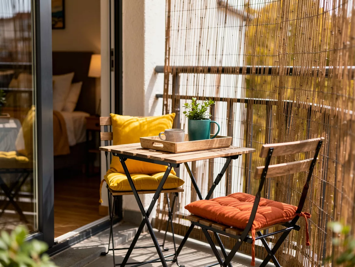 Realistic medium-shot home-decor photo of a narrow apartment balcony with a comp