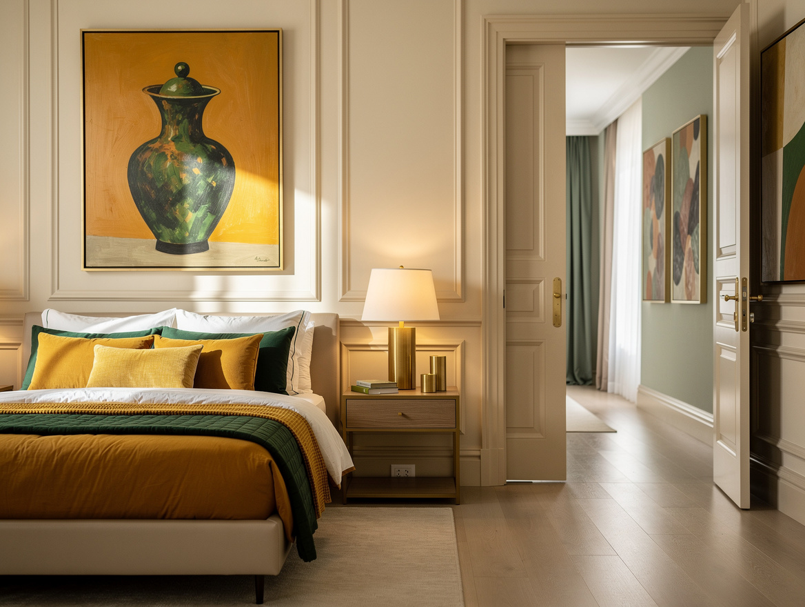Medium shot of a bedroom flowing into a softly colored hallway with coordinated