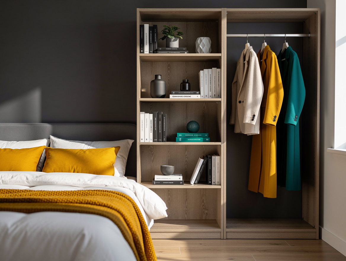 Realistic medium-shot home-decor photo showing an open bookcase separating a nea