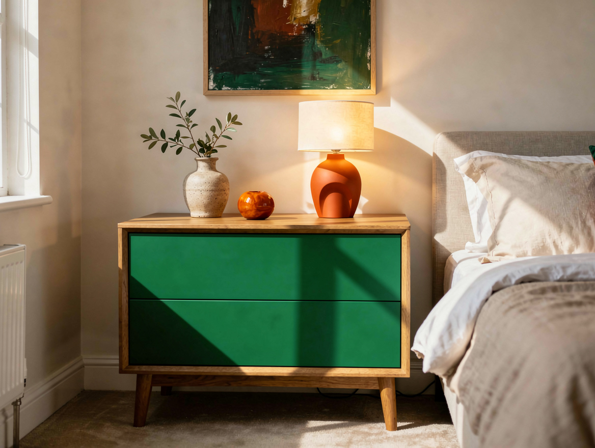 Realistic medium shot of a compact bedroom dresser positioned beside a wall with