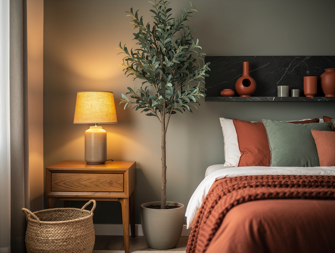 Realistic medium-shot home-decor photograph of a bedroom corner with an indoor t