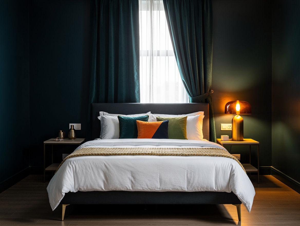 Realistic medium-shot home-decor photo showing a queen bed, two compact nightsta