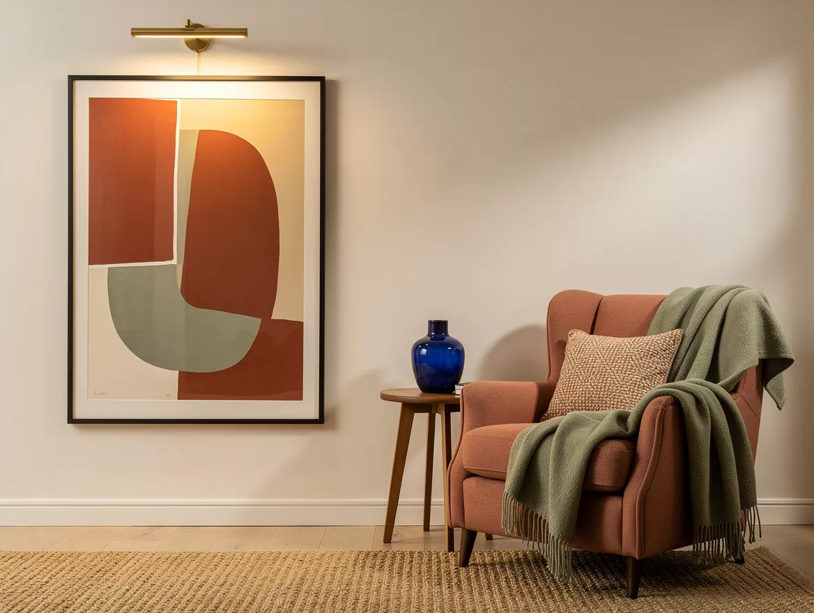Realistic medium-shot home-decor photo showing framed artwork and a picture ligh