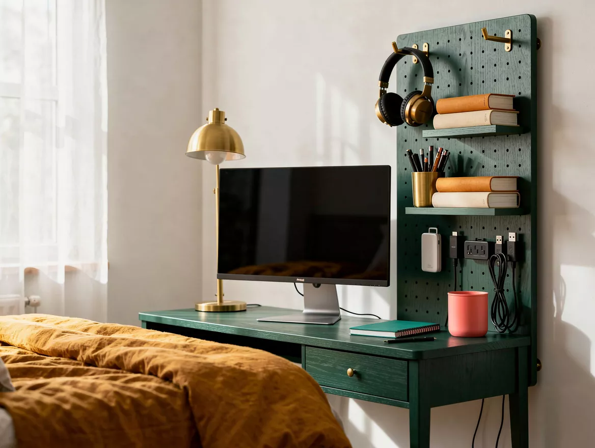 Realistic medium-shot home-decor photo of a bedroom workspace with a vertical pe