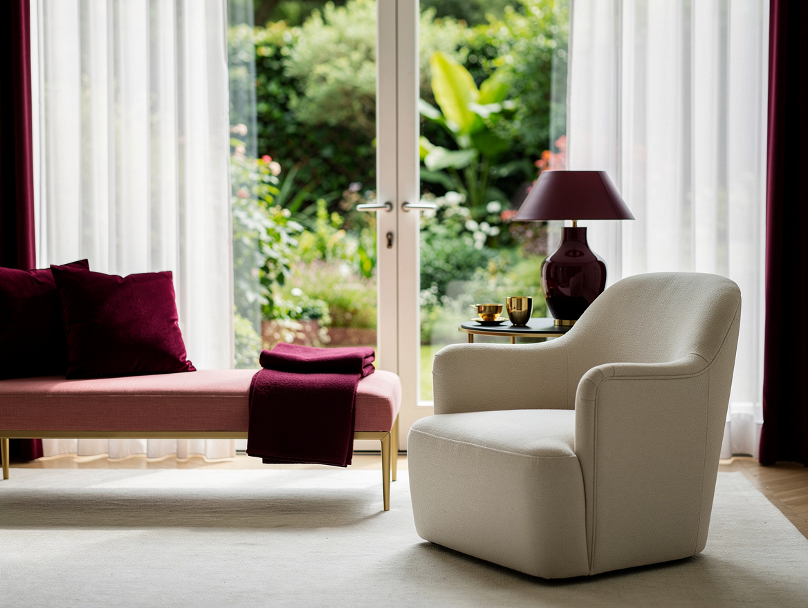 Realistic editorial medium shot of a bedroom-adjacent garden room with a cream a