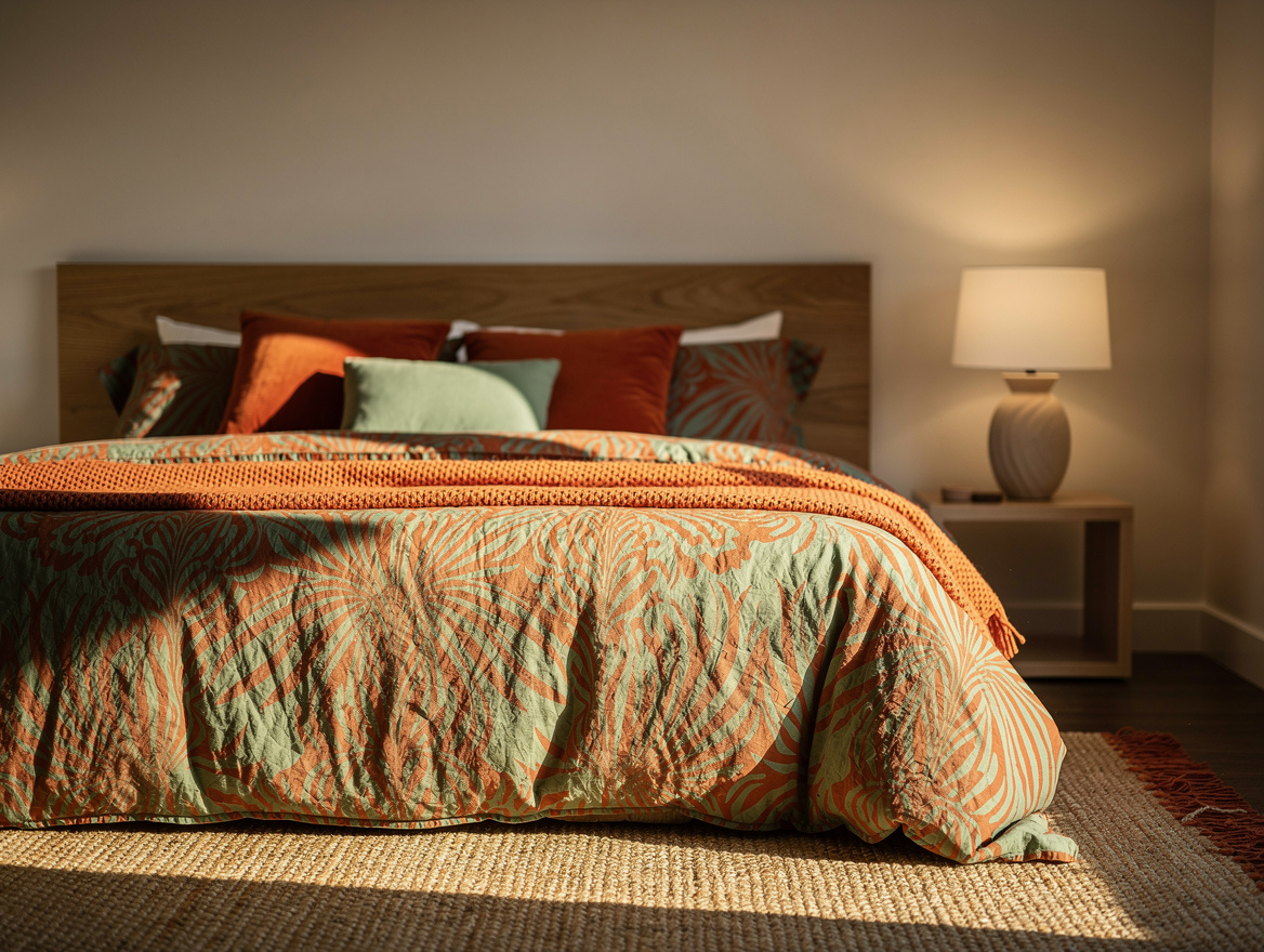 Realistic medium bedroom photo showing a patterned duvet, quiet warm-white walls
