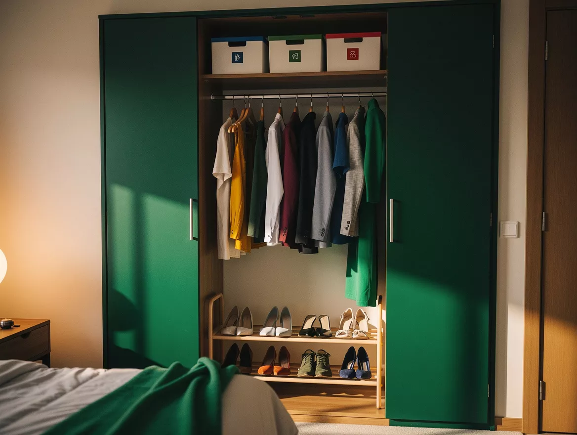 Realistic medium-shot home-decor photo showing a small bedroom closet with label