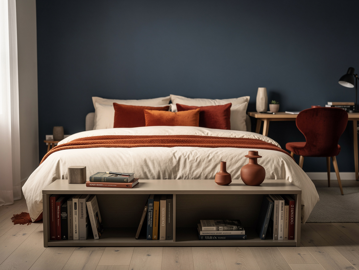 Medium-wide realistic photo of a compact bedroom with a low bookcase at the foot