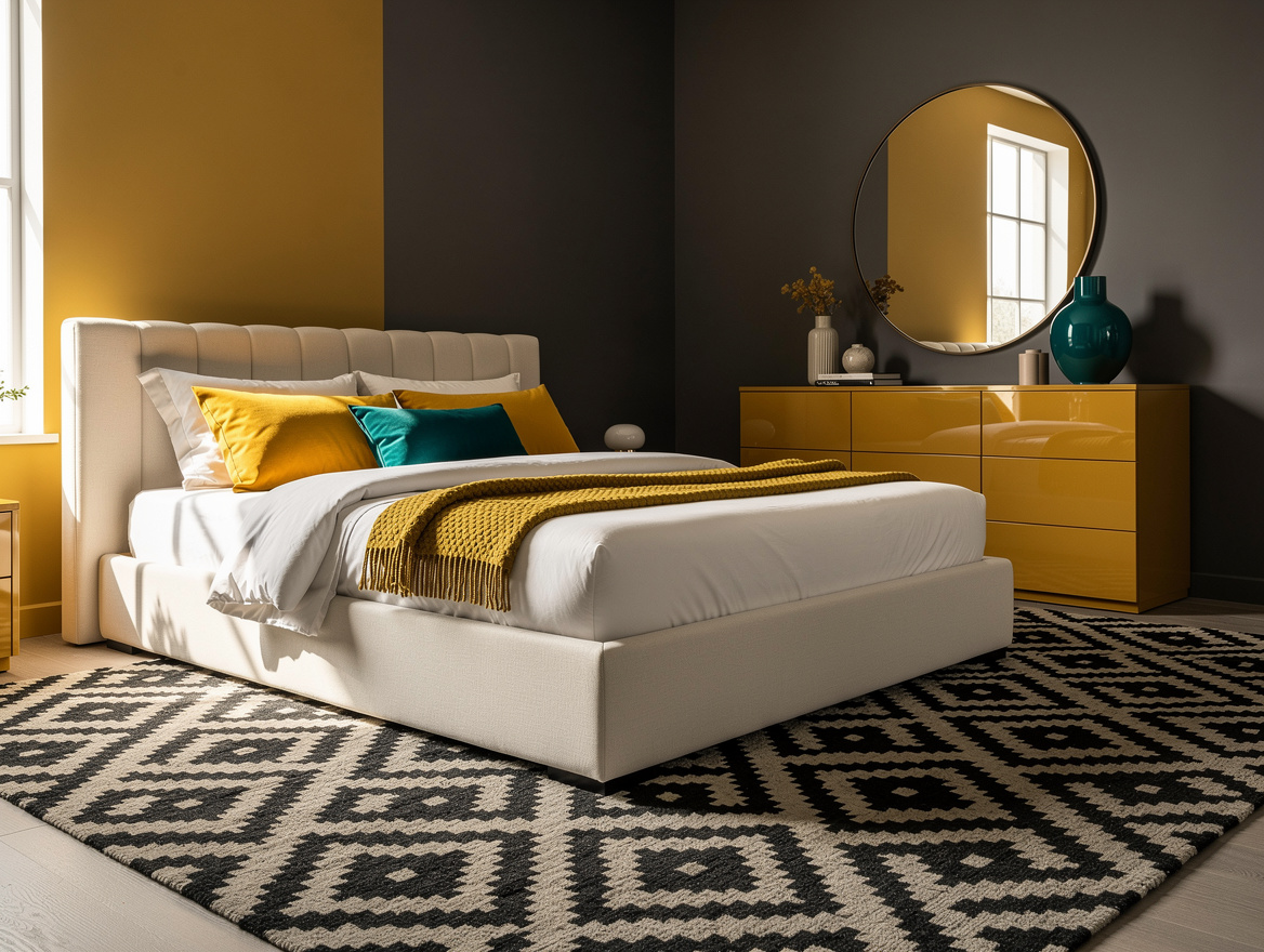 Medium shot of a postmodern bedroom with an ivory upholstered bed, black-and-cre