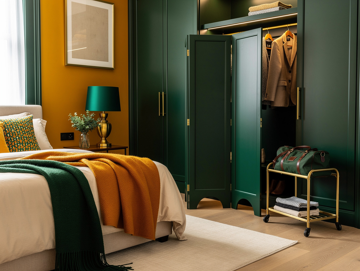 Realistic editorial medium shot of a guest bedroom with a four-panel screen crea
