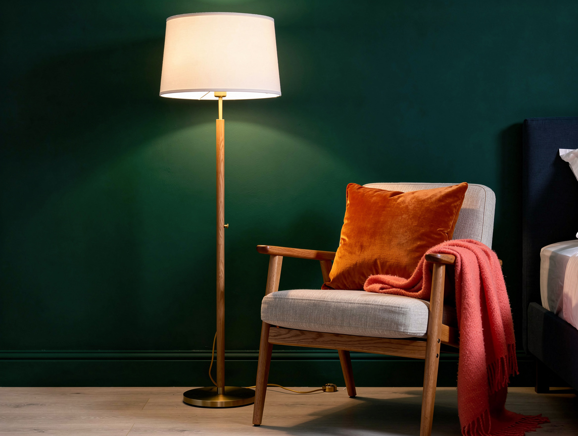 Realistic medium shot of a bedroom corner with a solid ash floor lamp and white