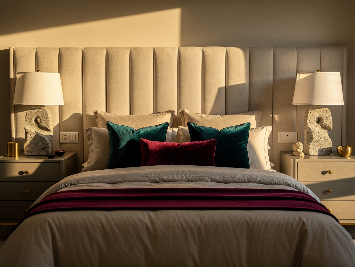 Realistic medium-shot home-decor photo showing a 160 cm bed framed by a wide uph
