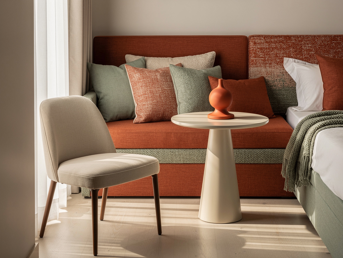 Realistic medium shot of a straight slim banquette beside a bedroom passage, pai