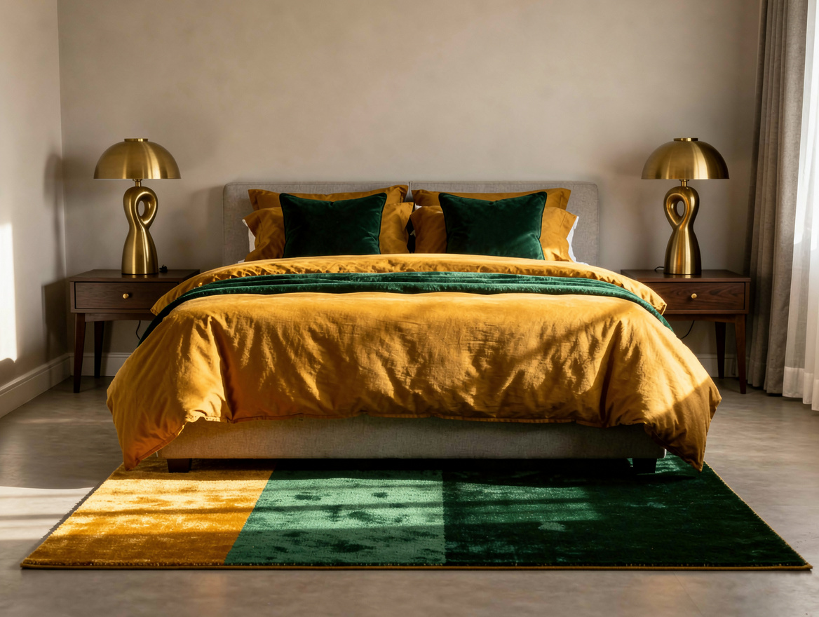 Realistic medium shot of a small bedroom showing a full bed with a 5 by 8 rug em
