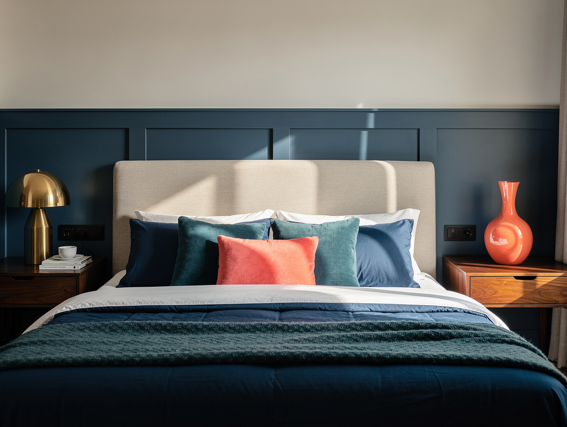 Realistic medium shot of a bedroom with half-height muted blue paneling behind t
