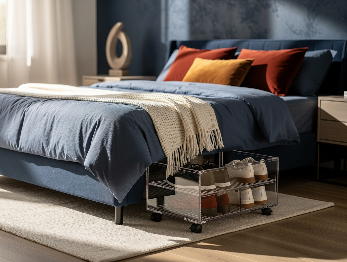 Realistic medium shot of a low bed with a clear wheeled shoe-storage bin being p