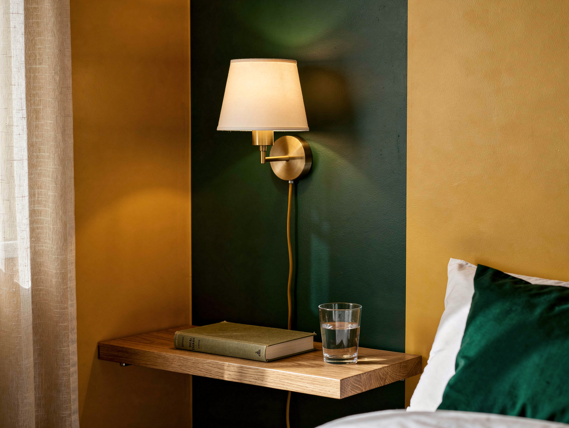 Realistic medium-shot home-decor photo of an IKEA NYMÅNE style plug-in sconce ab