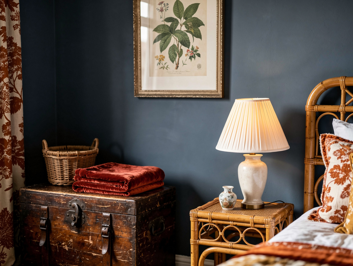 Realistic medium-shot home-decor photo of a grandmillennial bedroom corner with