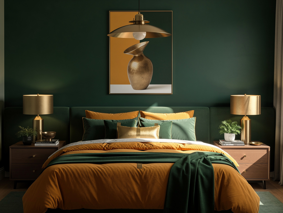 Realistic medium-shot bedroom with a centered bed, ceiling pendant aligned on th