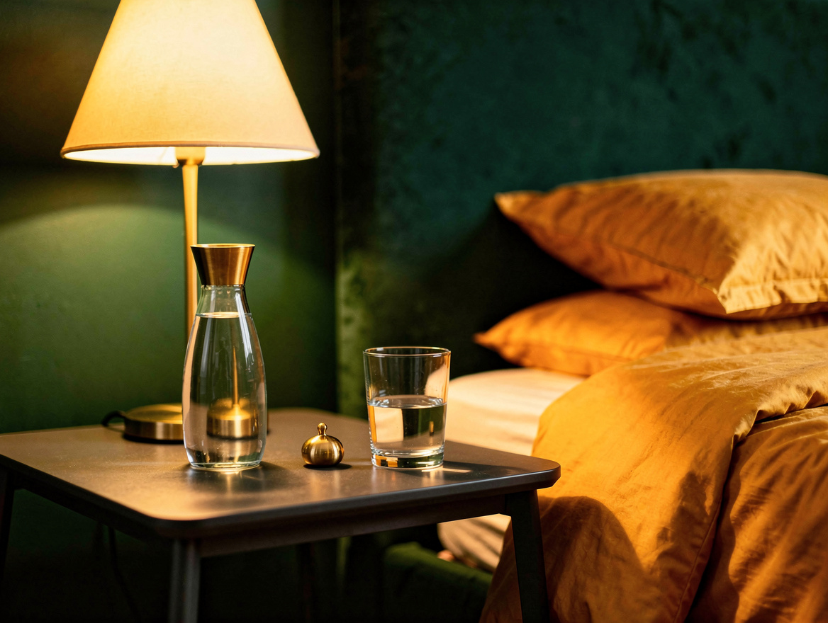 Realistic medium-shot home-decor photo showing a compact bedside carafe arrangem