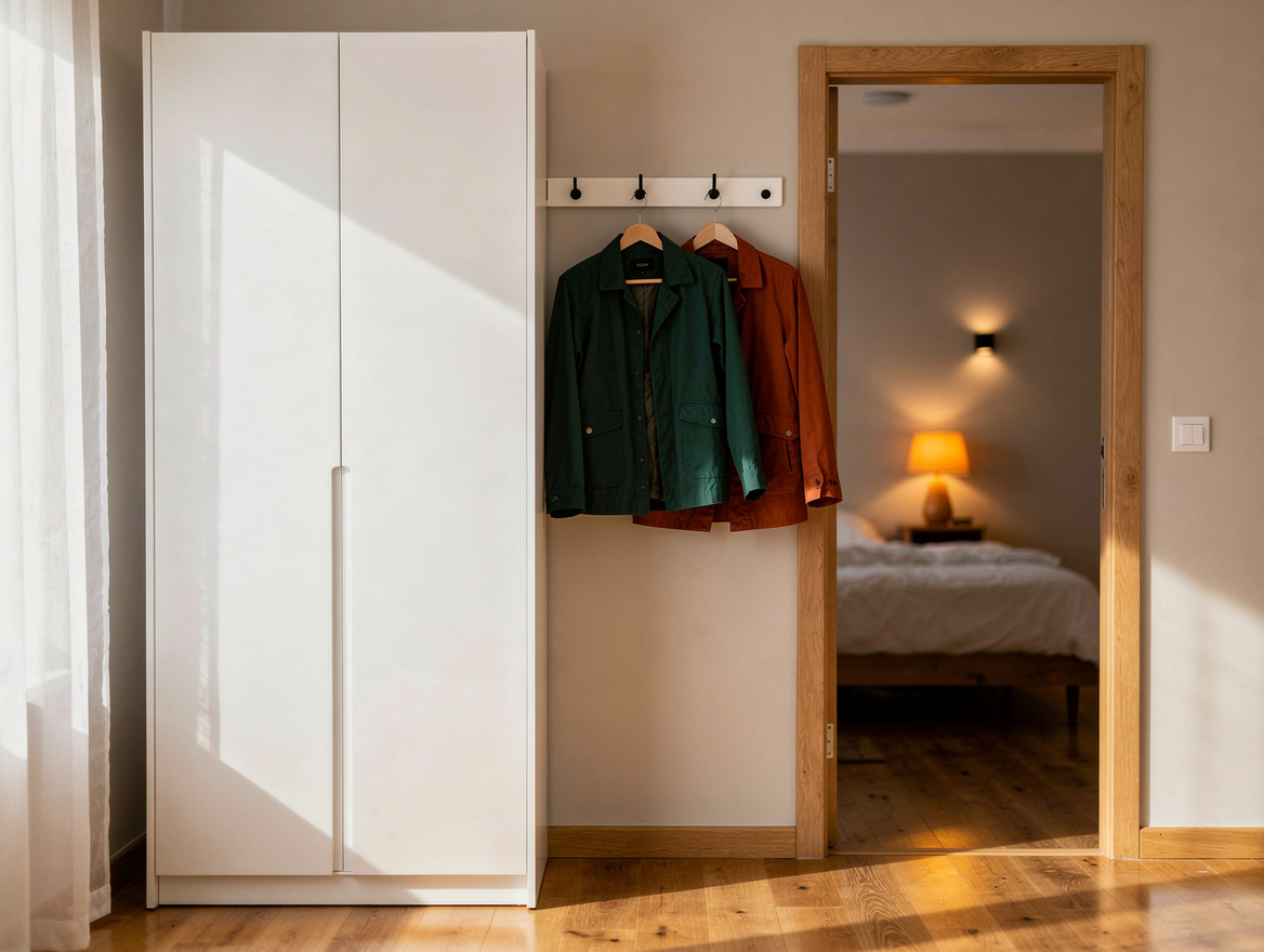Realistic medium-shot home-decor photo showing a slim white wardrobe beside a be