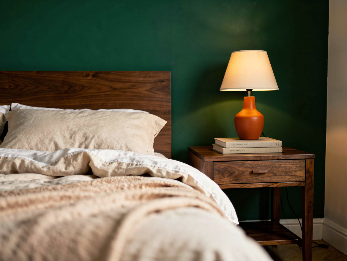 Realistic medium-shot bedroom interior with a muted green wall sample, walnut ni