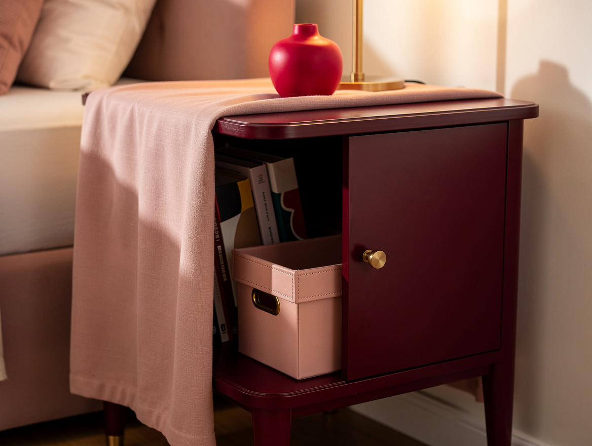 Realistic medium shot of a bedside table with a fabric runner dropping across an