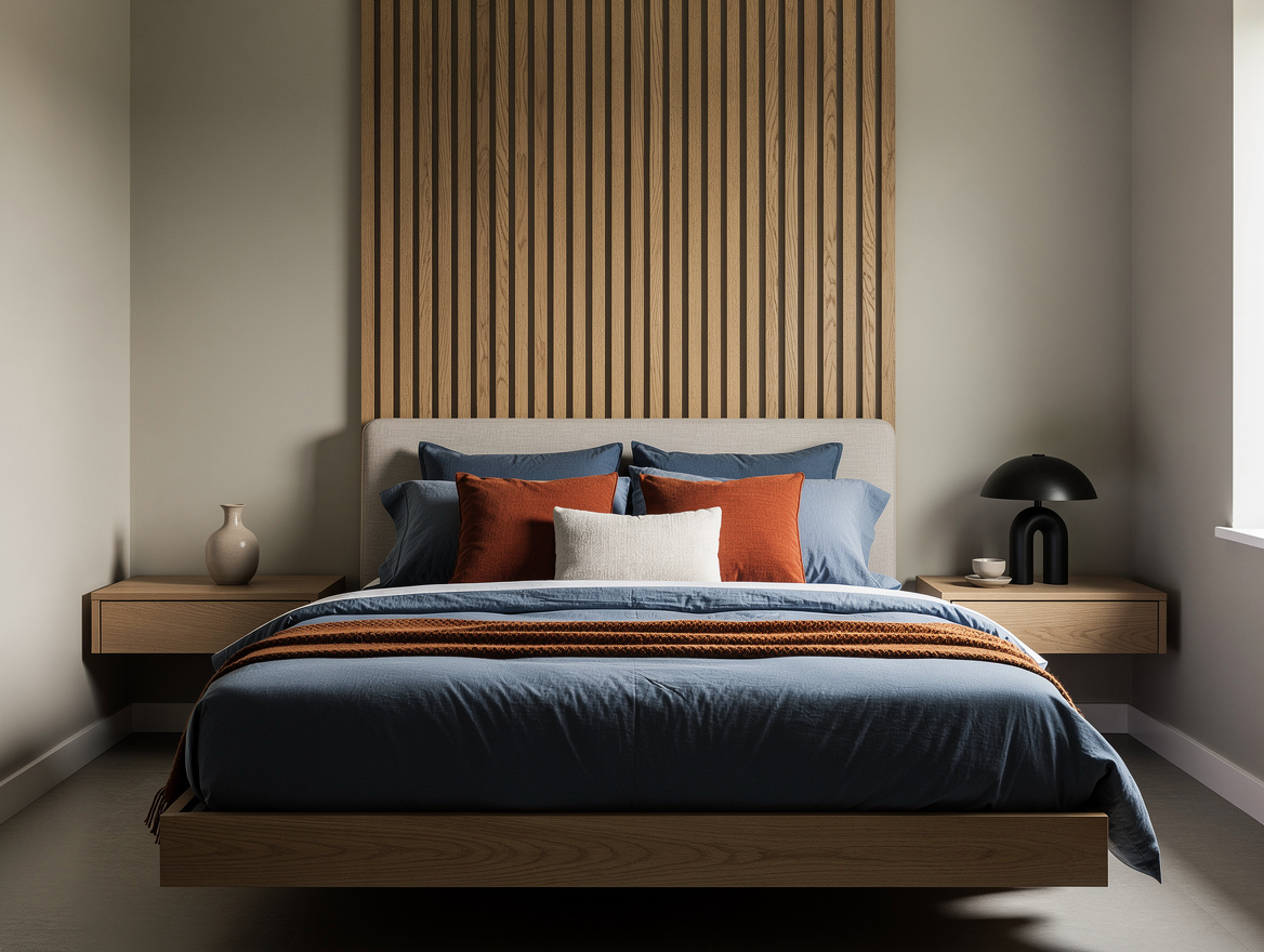 Realistic medium-shot home-decor photo of a small bedroom with vertical oak slat