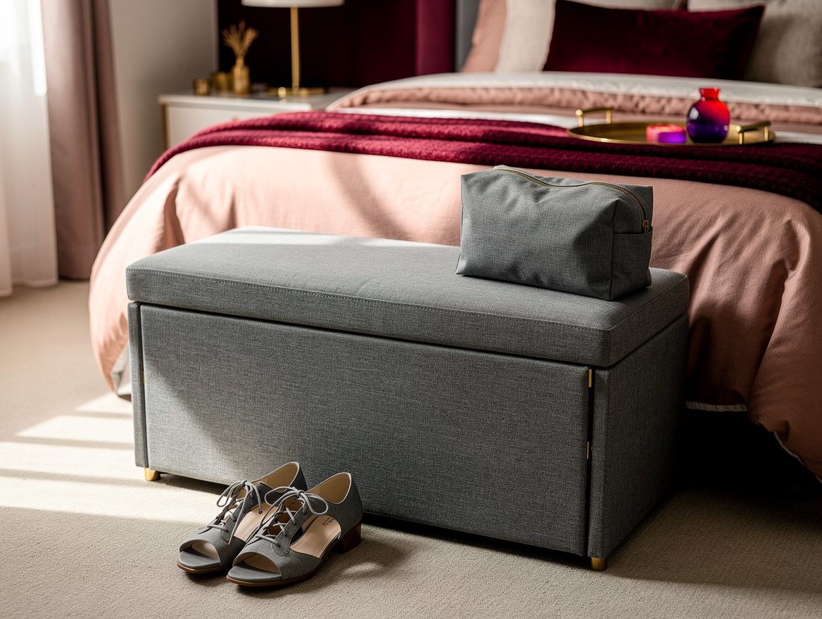 Realistic medium-shot home-decor photo of a 30-inch gray folding storage bench a
