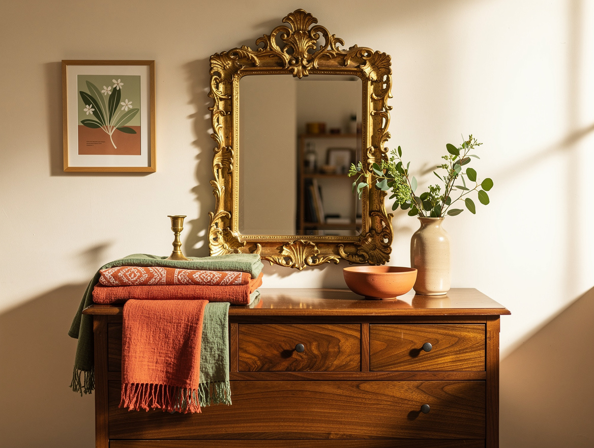 Realistic editorial medium shot of a walnut-toned dresser beneath an ornate gold
