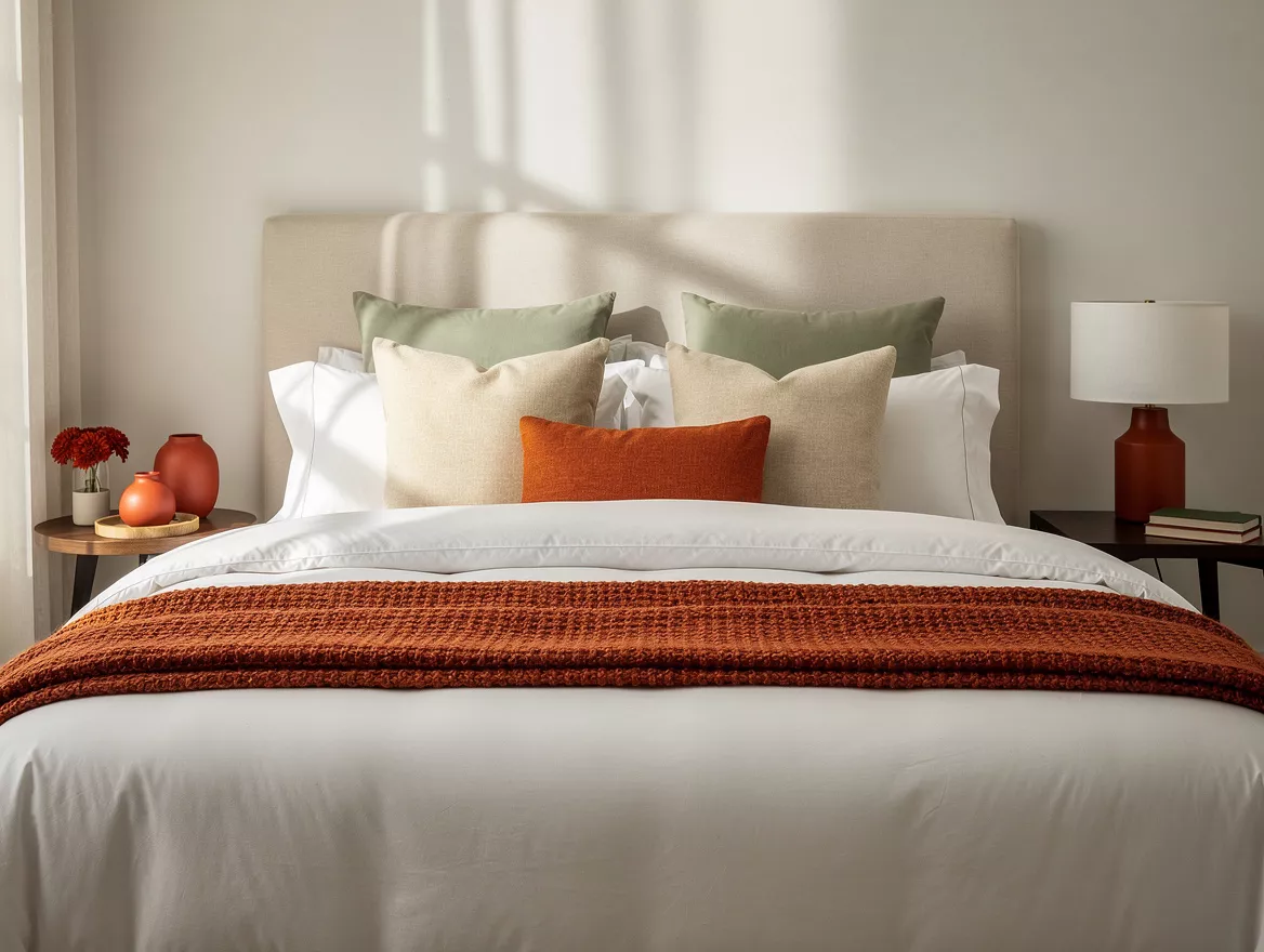 Realistic medium-shot home-decor photo of a queen guest bed with a low upholster