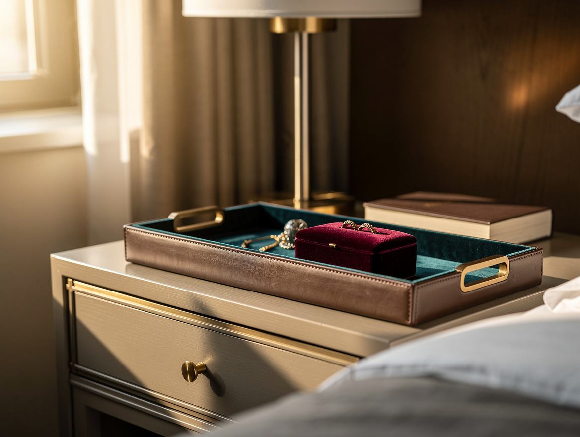Realistic medium shot of a hotel-style bedroom nightstand with a low leather-and