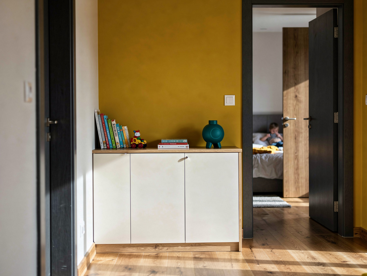 Medium shot of a calm playroom doorway beside a bedroom, shallow white closed ca