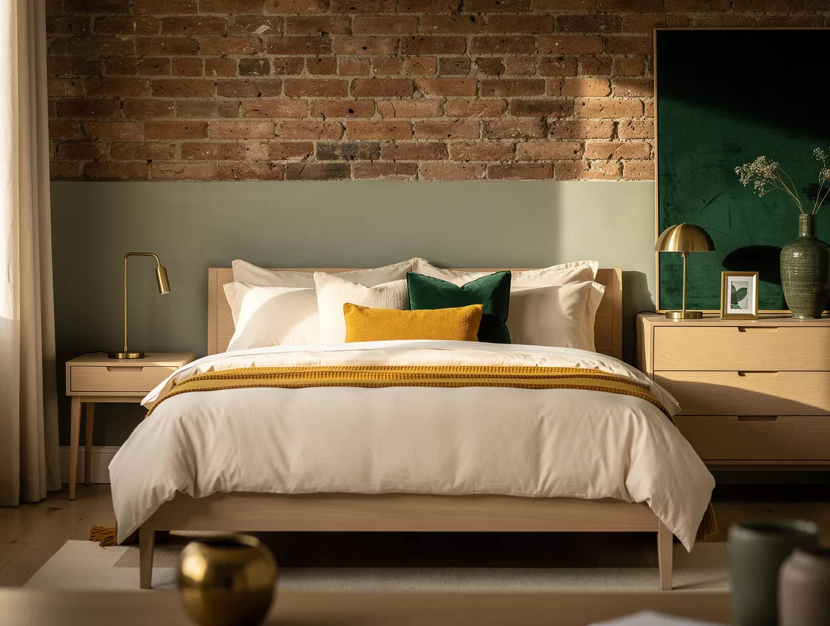 Realistic medium shot of a bedroom with exposed brick, muted sage plaster walls,