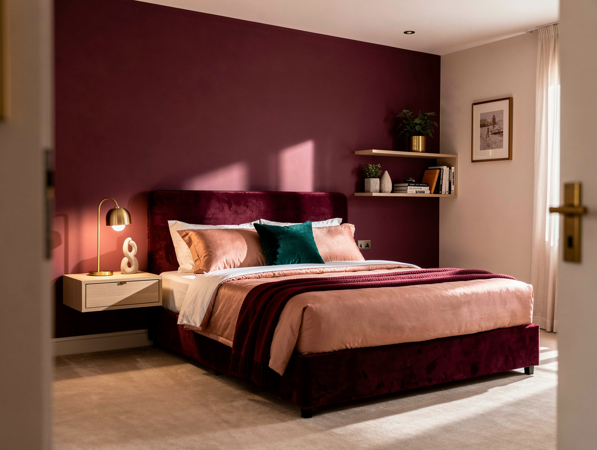 Realistic medium-shot home-decor photo of a 9-by-10-foot bedroom with an asymmet