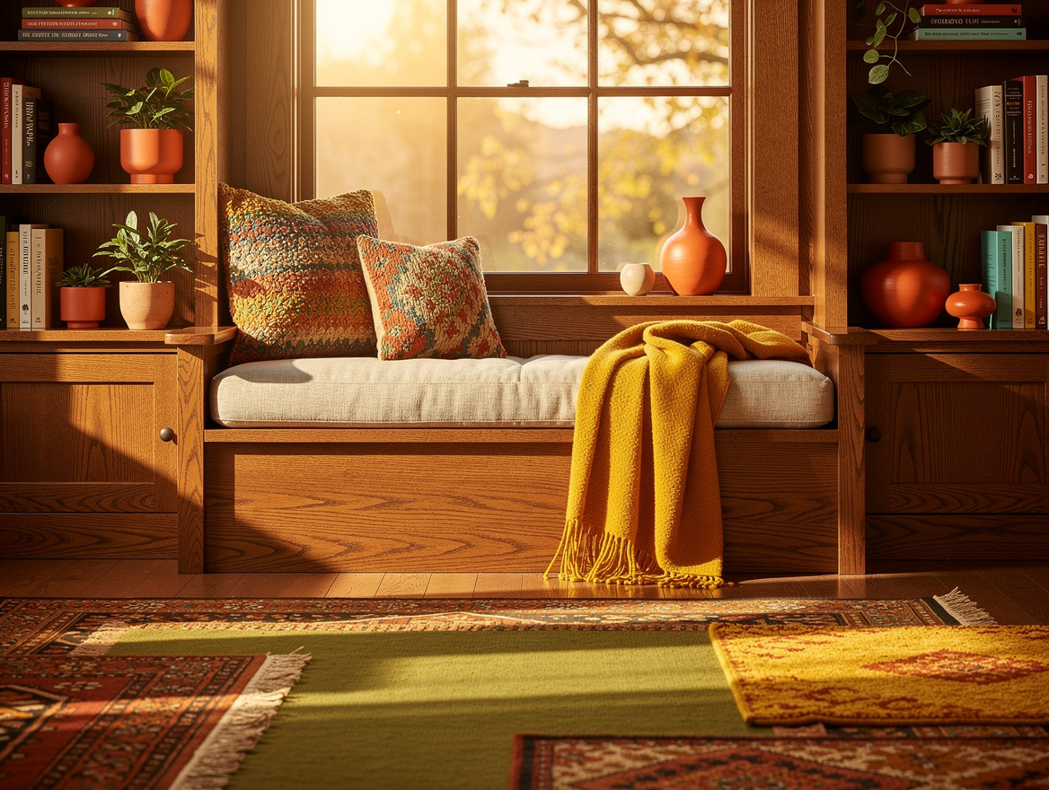 Realistic medium shot of a Craftsman bedroom with an oak window seat, oatmeal cu