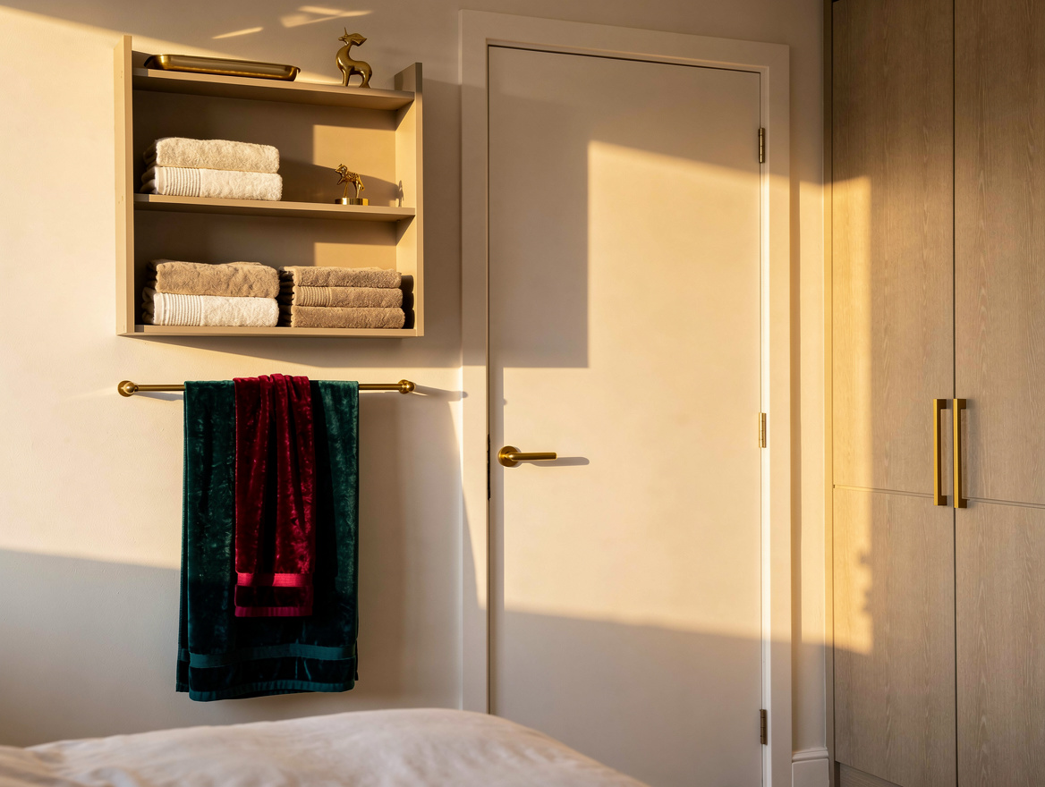 Realistic medium-shot home-decor photo showing a guest bedroom door, wall-mounte