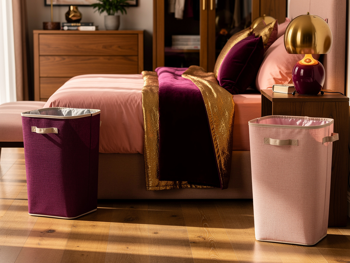 Realistic medium-shot home-decor photo showing one compact laundry hamper beside