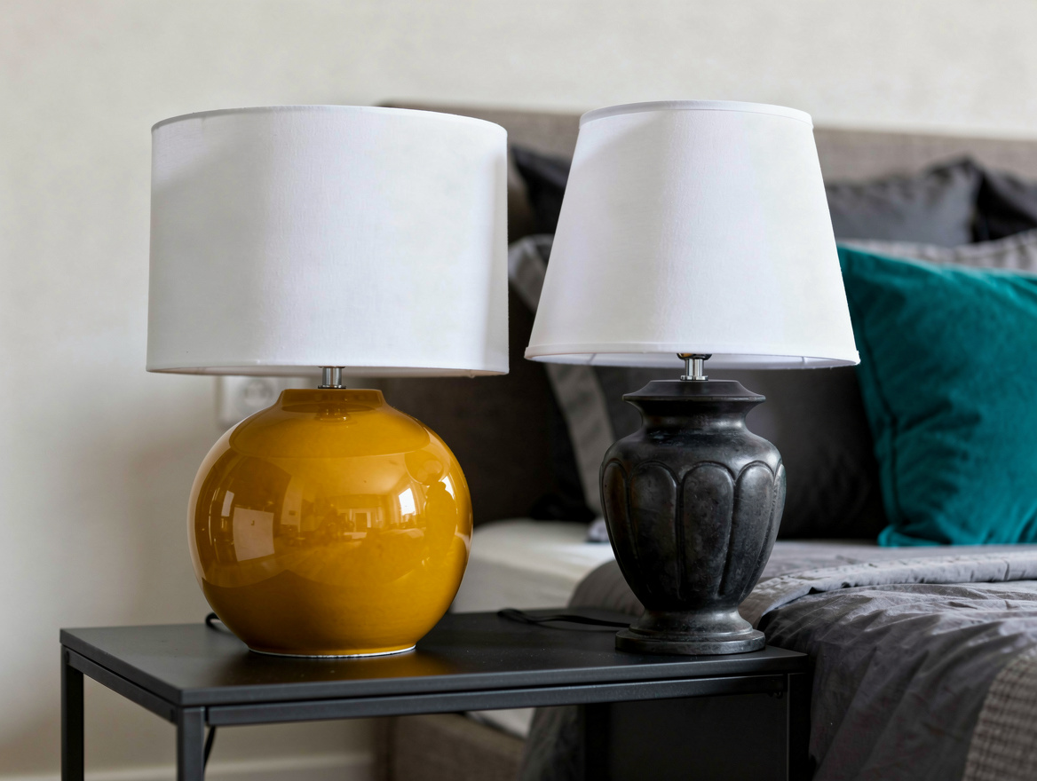 Realistic medium-shot home-decor photo comparing a drum shade on a round ceramic