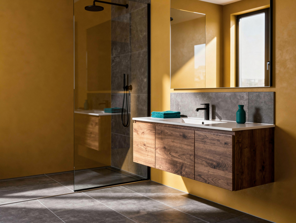 Realistic editorial medium-shot photo of a compact bedroom-adjacent ensuite with