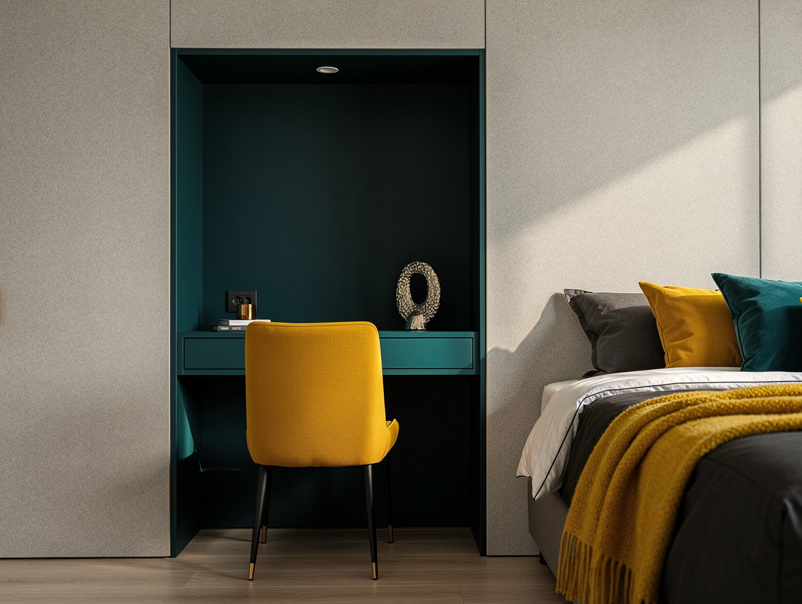 Realistic medium shot of a bedroom alcove painted deep blue-green around a small